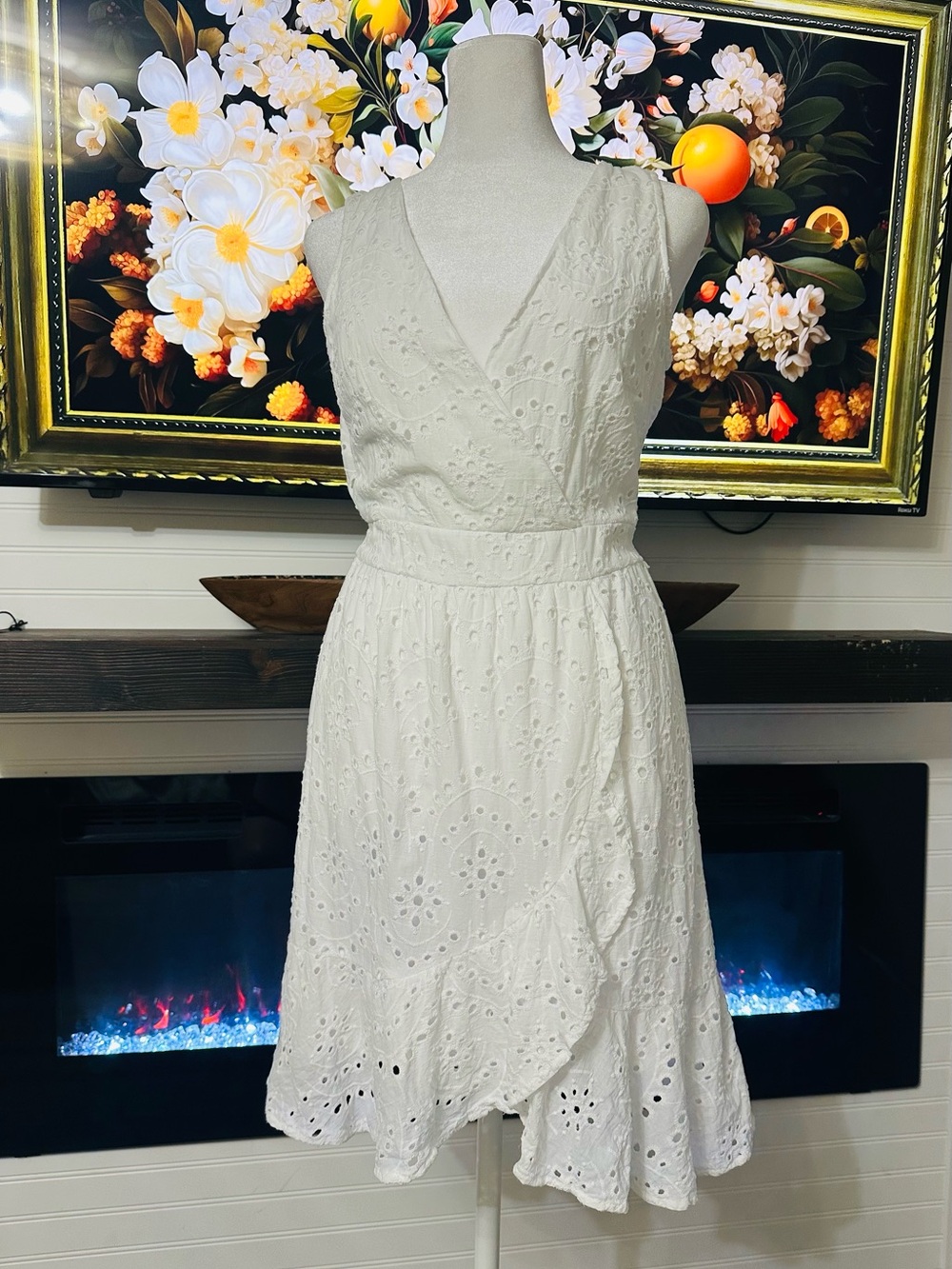 Japna White Eyelet Faux-Wrap Midi Dress